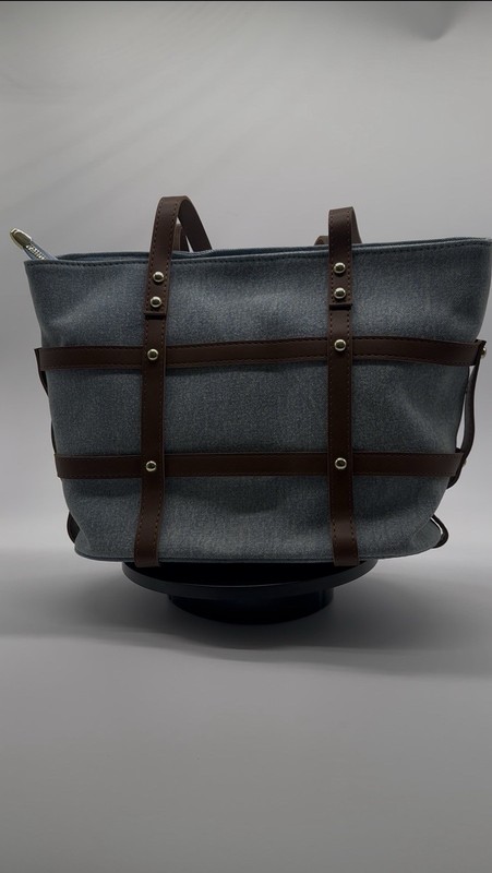 Gray Brown Tote Bag for Women with Gold Hardware and Studded Strap Accents