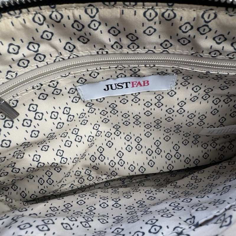 JustFab women's crossbody bag with a red/orange and black geometric pattern. gallery