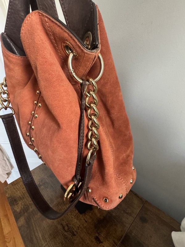 Michael Kors Orange Suede Studded Tote Bag with Gold Accents gallery