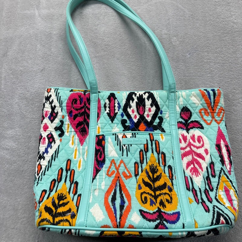 Vera Bradley Purse Pueblo Quilted Bag Aqua Blue Pattern Leather Trim Zipper Tote gallery