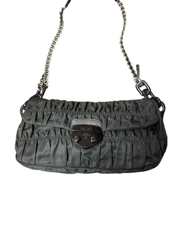 Prada Vintage Black Ruched Nappa Leather Chain Detail Shoulder Bag Gaufre