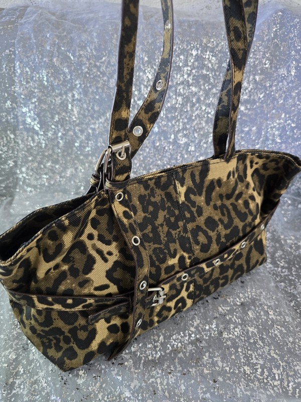 Women’s Brown/Black Leopard Print Shoulder Bag Silver Hardware Grommets Buckle