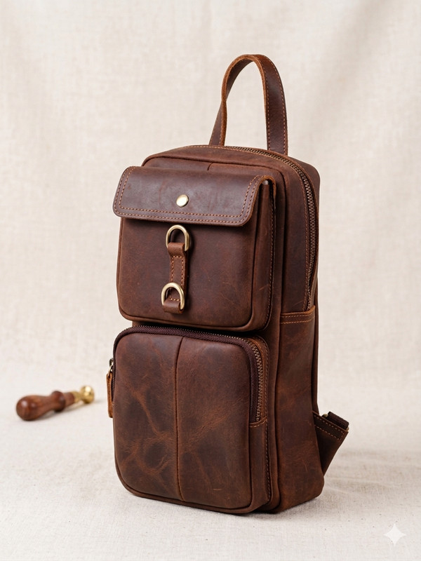 Premium Crazy Horse Leather Sling Bag, Multifunction Crossbody Chest Daypack