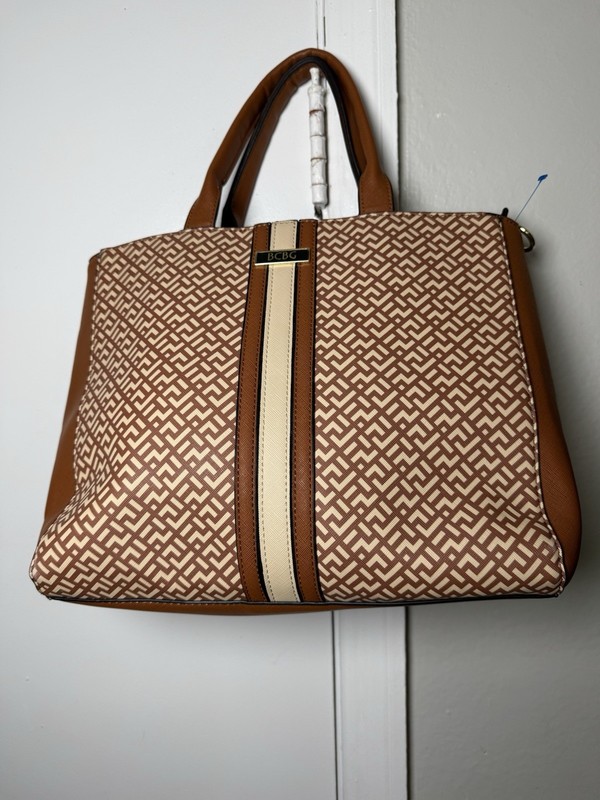 BCBG Brown Beige Geometric Satchel Top Handle Bag with Stripe Accent