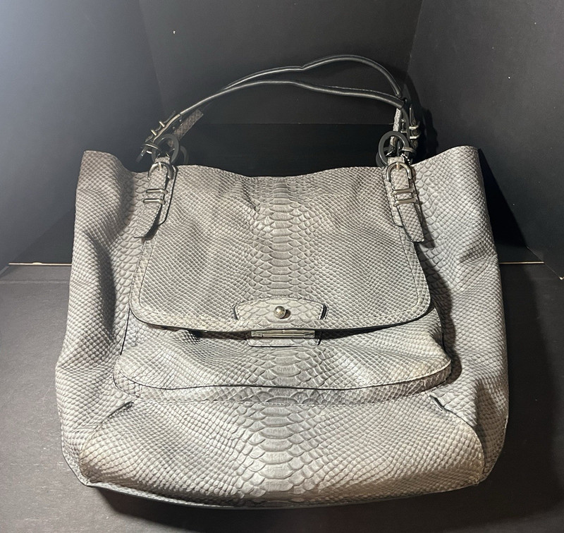 Coach Gray Snake-Embossed Large Shoulder Bag, Magnetic Closure