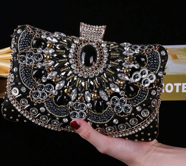 EVENING BAG- Black and Clear Rhinestone and Crystal-Studded Embroidery Floral