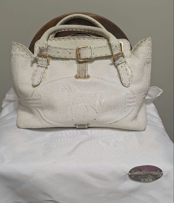 FENDI Selleria Villa Borghese White Band Women’s Tote Bag Calf Leather Magnetic!
