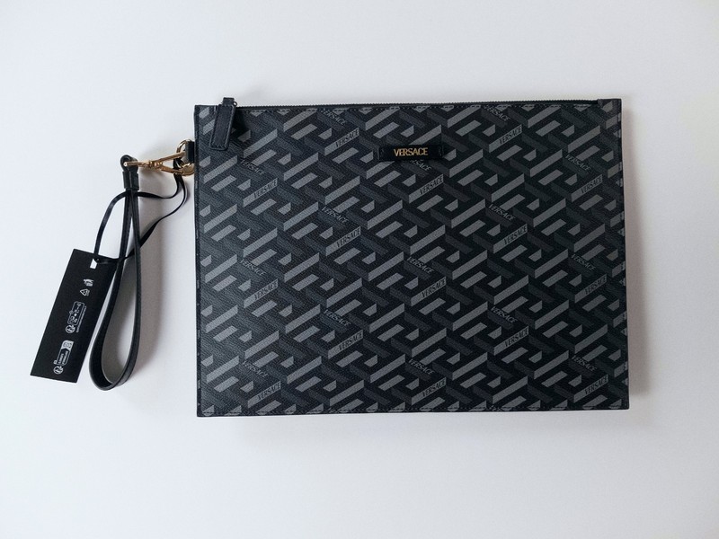 VERSACE La Greca pattern black & gray coated canvas large clutch w wrist strap
