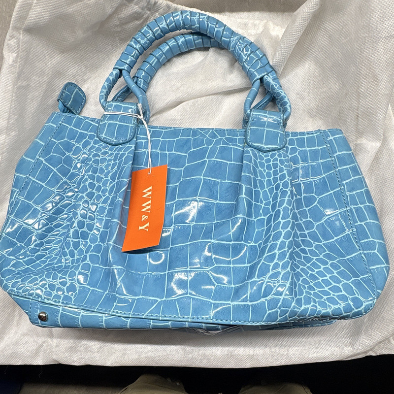W&W Blue Croc Pattern Patent Satchel Top Handle Zip Purse w/ Brand Card