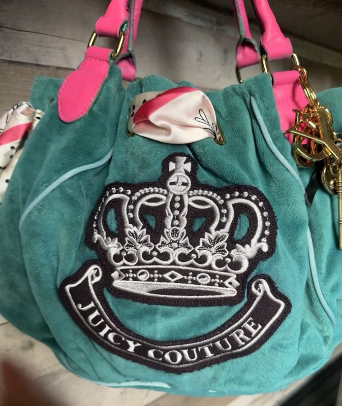 Juicy Couture Vintage Green And Pink Tote Shoulder Bag Polka Dot Scarf Bag Charm gallery
