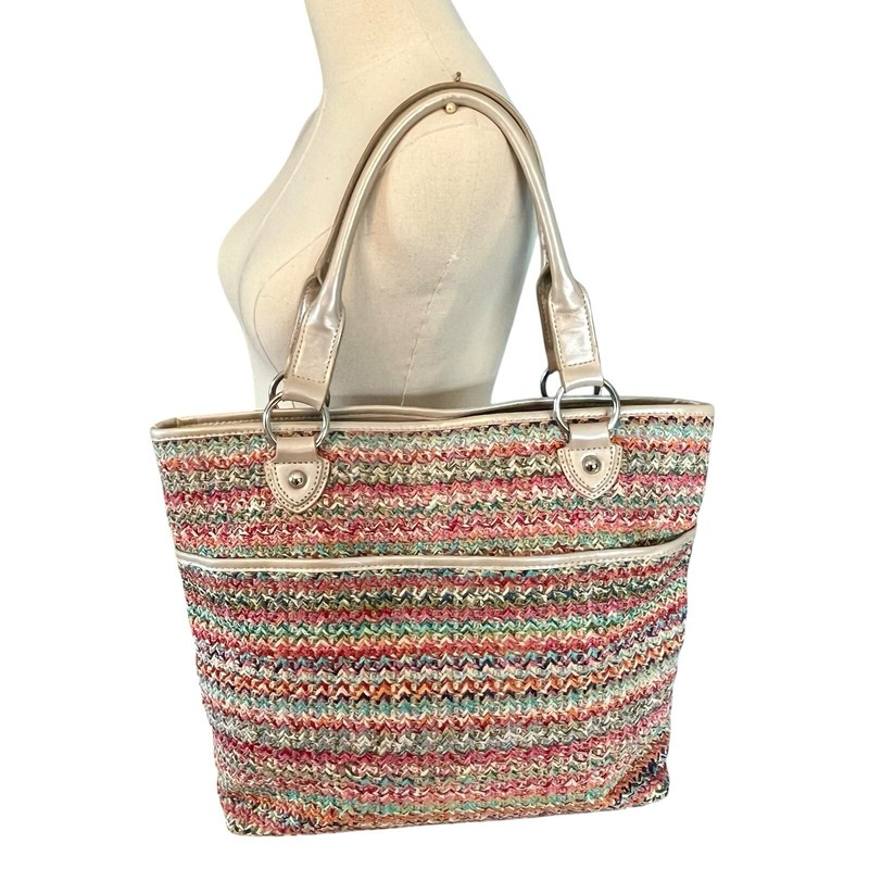 Giani Bernini Multicolor Woven Tote Bag Faux Champagne Leather Handles Trim 16″L