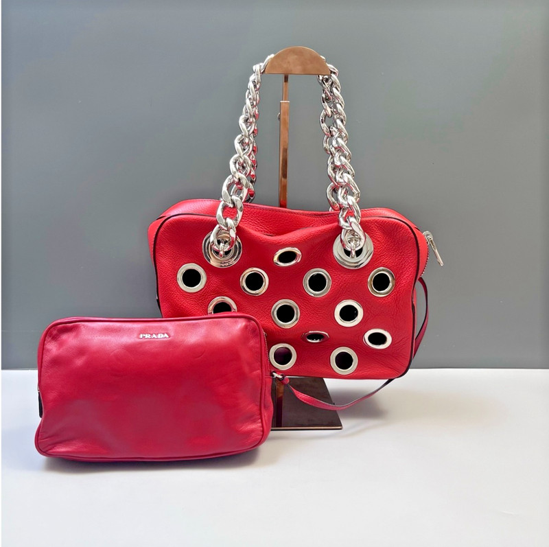 Authentic Prada Red Eyelet Chain Handle Mother-Daughter Bag Leather Bowling Bag