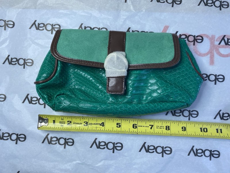 Elizabeth Arden Green Faux Snakeskin Clutch Purse Suede & Brown Trim Snap Close