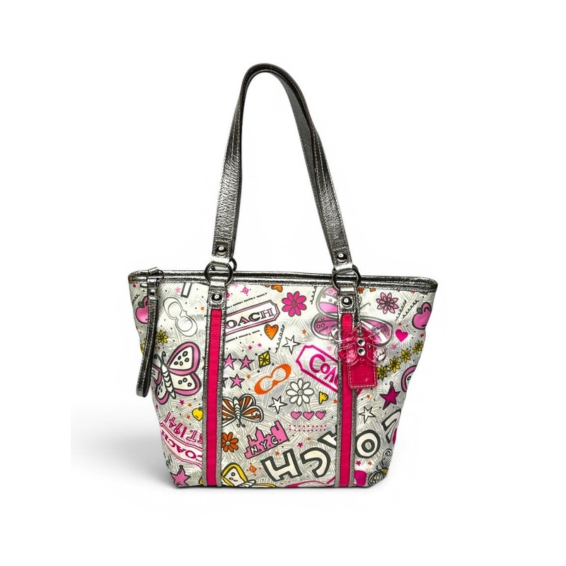 Vintage Y2K Coach Poppy Graffiti Glam Silver Pink Butterfly Print Tote Bag