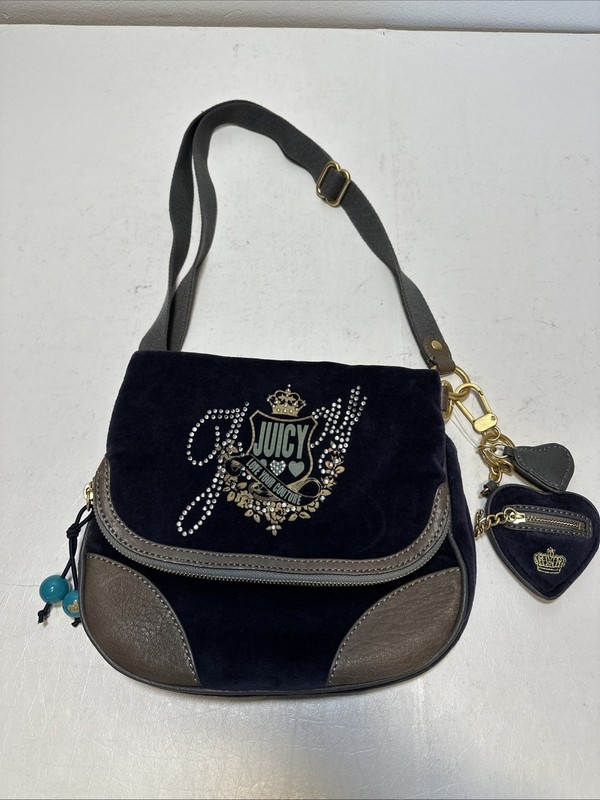 Vintage Juicy Couture Navy Velour Crossbody Bag w/ Rhinestone Logo