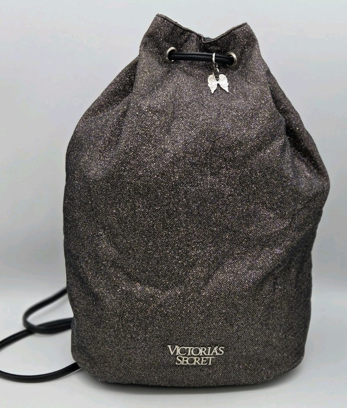 Victorias Secret Glam Shimmer Backpack Tote Bag Drawstring Glitter Gray Black