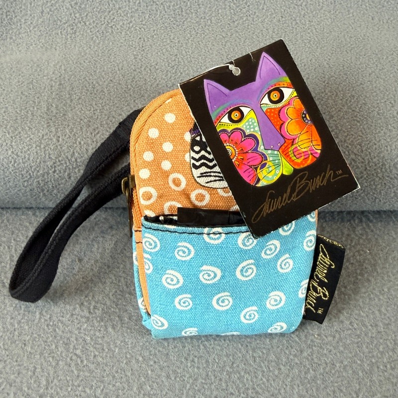 Laurel Burch Cat Mini Wristlet Women Small Blue Orange NEW Canvas Pouch Mirror