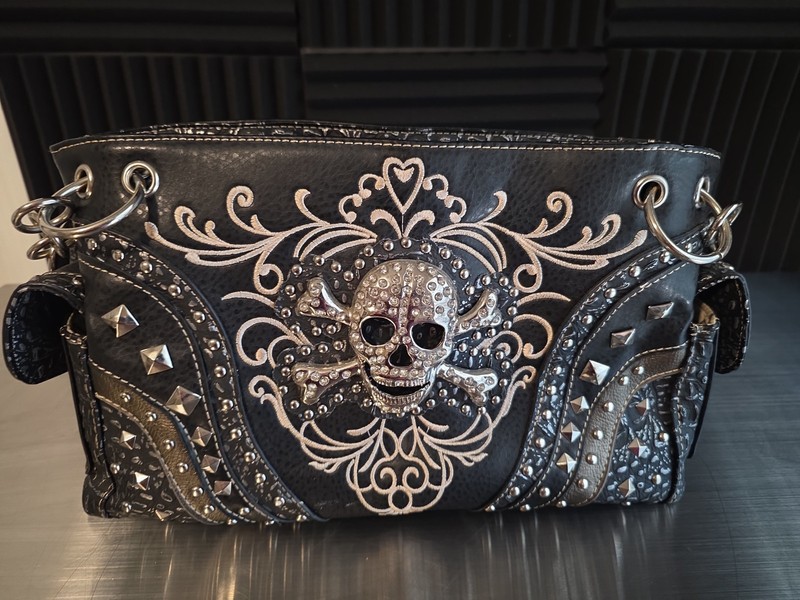 Biker Goth Skull Studded Shoulder Handbag Purse Black Embellished Faux…
