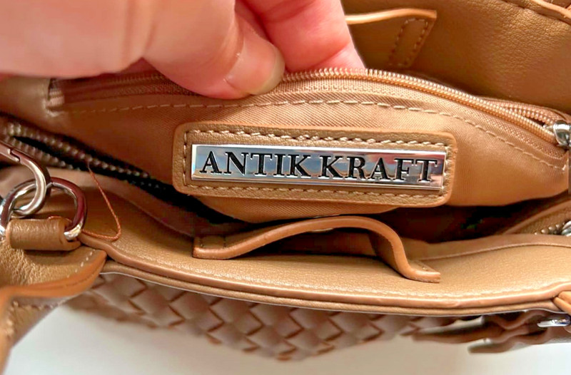 Antik Kraft Woven Mini Tote Crossbody Bag Tan Camel Faux Leather Purse gallery