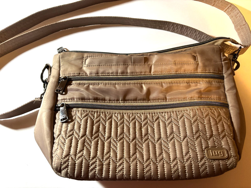 LUG taupe chevron quilted SLIDER Crossbody Bag triple zip Key Fob Med 10x8x4.5″