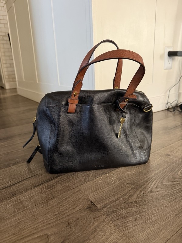 FOSSIL BLACK/ TAN Women Small Rachel Leather Satchel Zip Pocket Purse No Strap