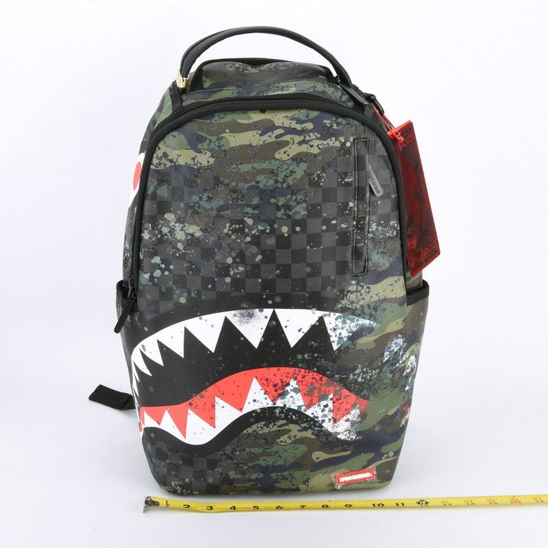 Sprayground Shark T-REX City DLXSV Leather Backpack Unisex Plaid Gray Green Camo gallery