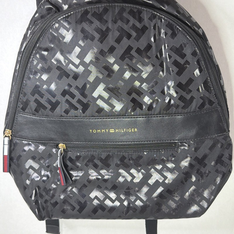 Tommy Hilfiger Travel Mini Backpack Purse Black Fabric Black Logo Emblem Bag EUC gallery