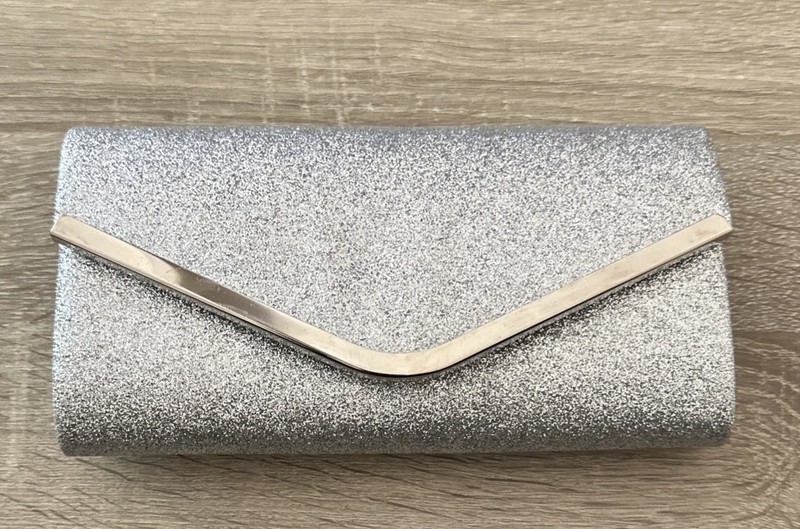 Silver Glitter Metallic Clutch Evening Bag for Formal Party Cocktail Events