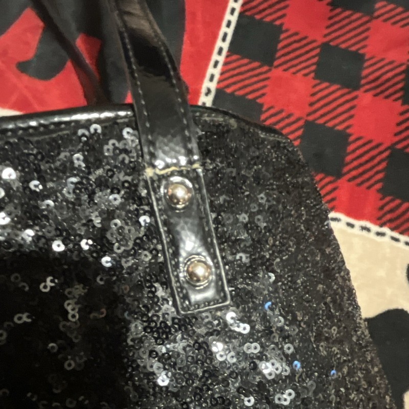 Nine West Black Sequin Tote Handbag w/ Detachable Strap, Pink Lining gallery