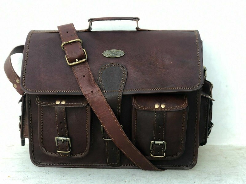 Leather Messenger Bag Shoulder Computer Laptop PC Briefcase 18″ Vintage 4 Pocket