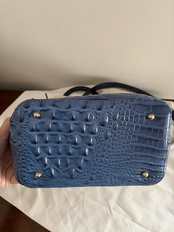 Brahmin Melbourne Medium Satchel Top Handle Beige/Blue Zip, Feet, Strap Gold gallery