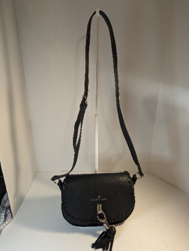 Celine Dion Purse Crossbody Black Leather Tassel Braided Silver Hardware Gothic