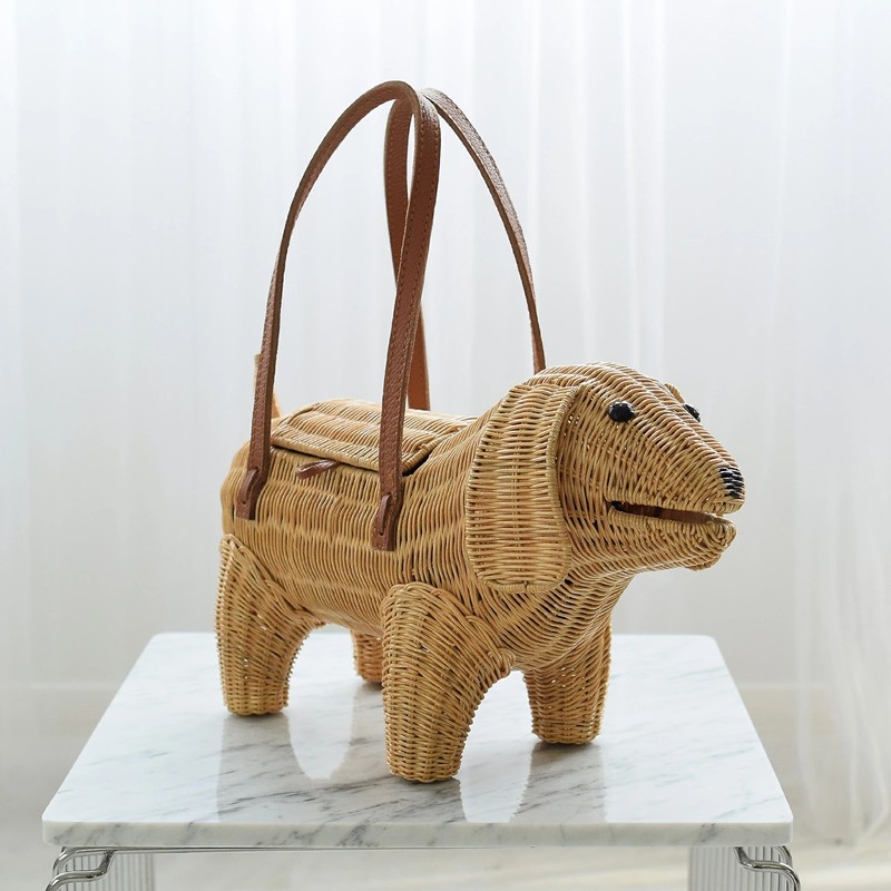 Handwoven Rattan Wicker Dog Bag Beagle Art Basket Leather Handle