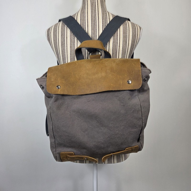 TSD Brand Cooper Leather Canvas Backpack Convertible Crossbody Bag Gray Tan