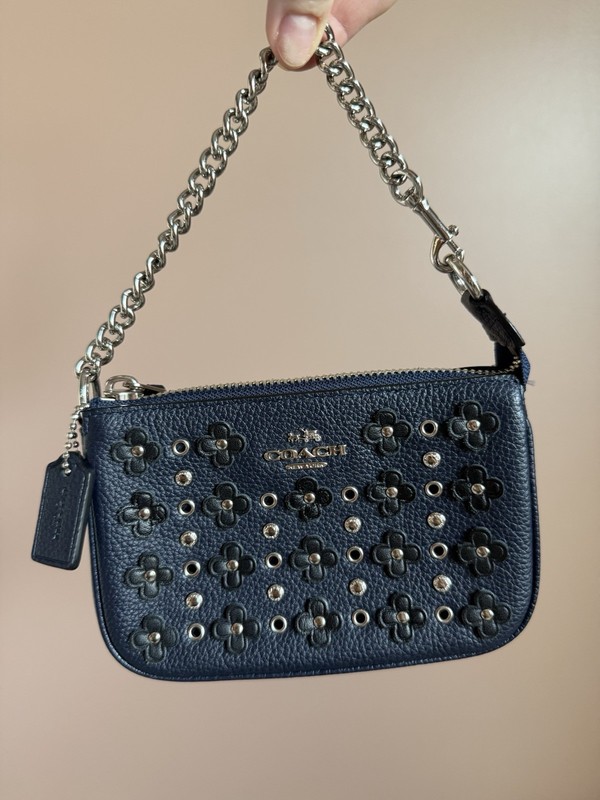Coach Navy Pebbled Leather Shoulder Bag Floral Studded Chain Silver Hardware