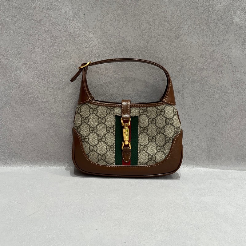 Gucci Jackie 1961 Mini Beige Brown GG Canvas Calfskin Handbag US Ship