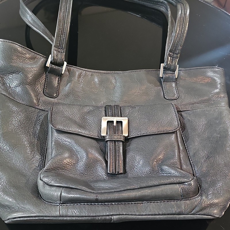 Stone Mountain Black Tote Bag Silver Hardware Buckle Accent Zip Double Handles