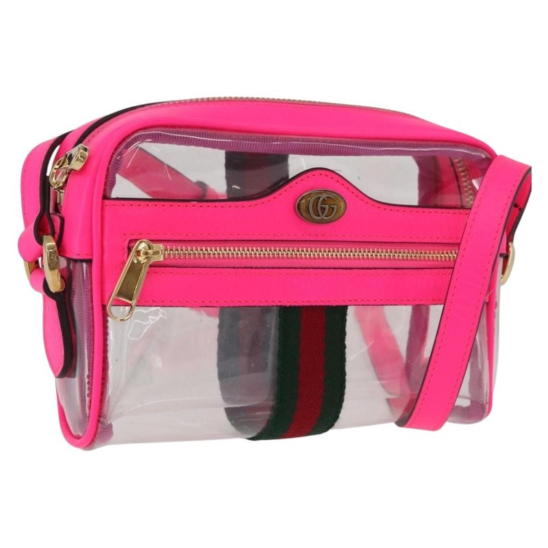 GUCCI Web Sherry Line Shoulder Bag Vinyl Clear Pink 517350 Auth YKZ583A