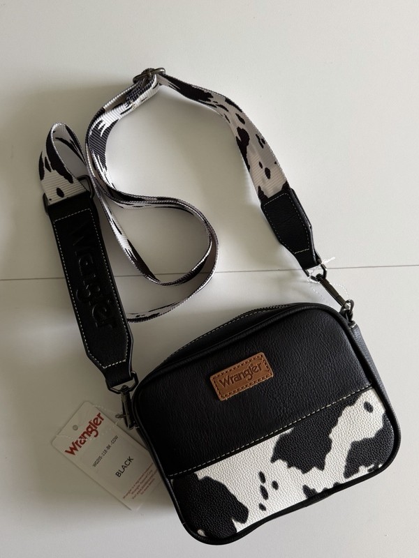 Wrangler Black Cow Print Women Bag Crossbody Soft Leather Brown Logo Adjustable
