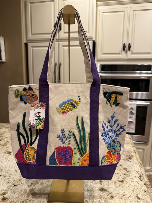 Express Edit Beaded Embroidered Fish Large Tote Bag Beige Purple Zip Pocket