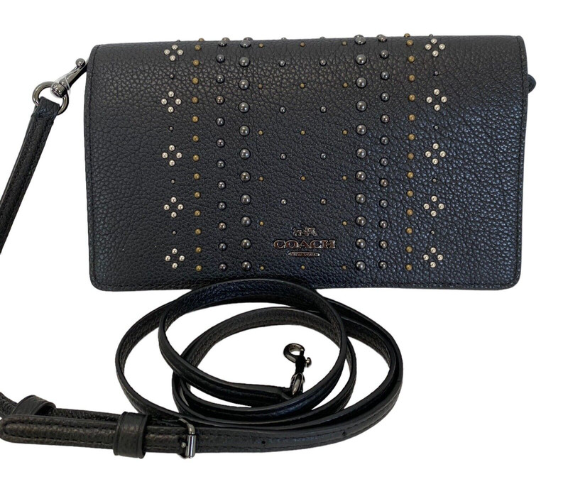 Coach Bandana Rivets Fold-Over Crossbody Dk/BLACK Pebble Leather Small NEW 55811