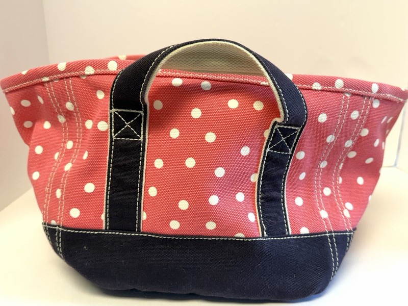 Lands End Peach & White Polka Dot Tote Bag Cotton Canvas Bag 8 X 9.5 X 10