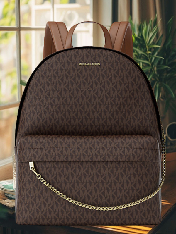 Michael Kors Slater Women Large MK Logo Zip Chain Pocket Backpack Brown