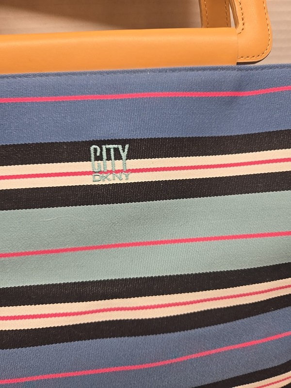 DKNY City Striped Canvas Tote Bag Multi Color Blue Black Tan Handles gallery