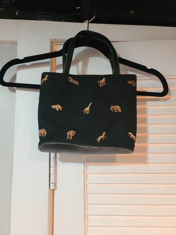 100% Cotton Small Black Purse with Black Safari Animals