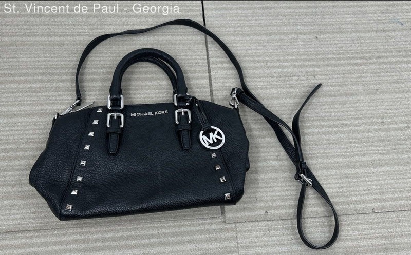 Michael Kors Black Pebbled Leather Silver Studded Satchel Crossbody Bag Purse