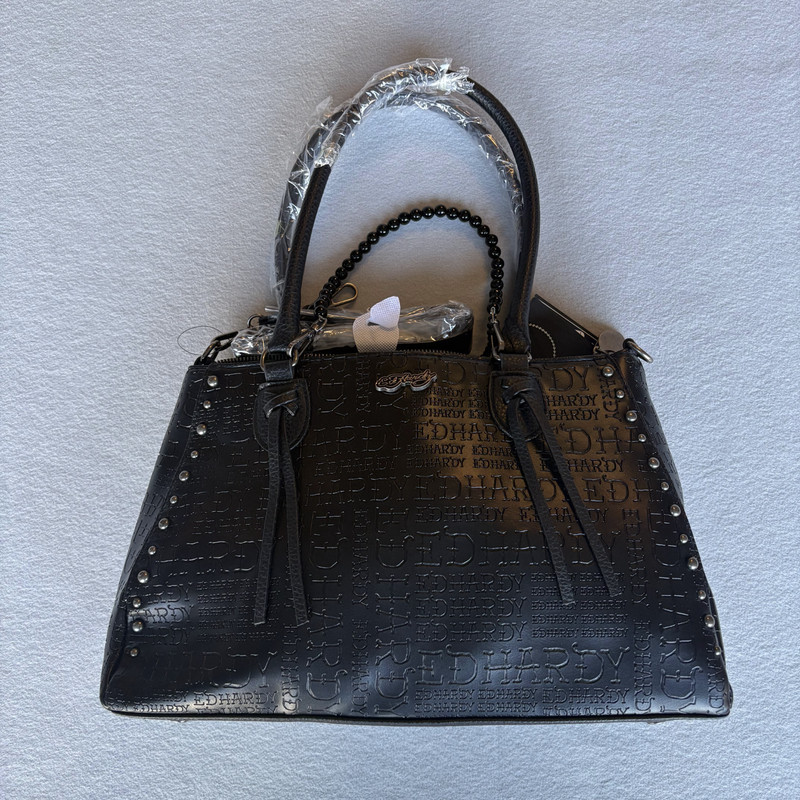 Ed Hardy Black Embossed Logo Satchel Handbag Studded Shoulder Bag Tote Y2K NWT