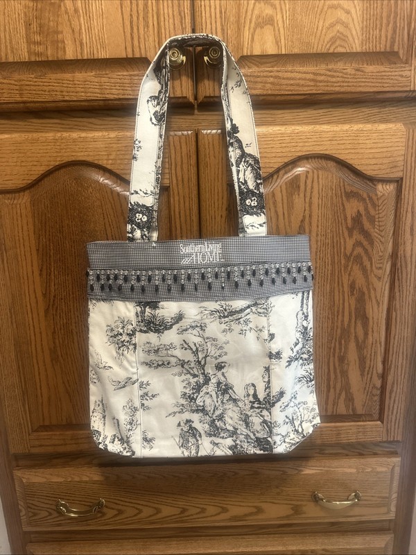 Southern Living Toile Fabric Tote Bag White And Black With Colored Beaded Trim