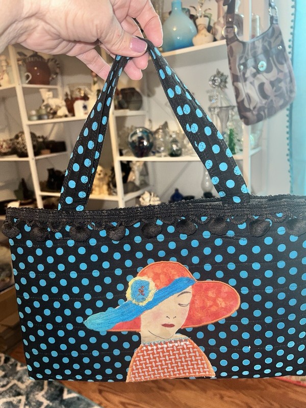 Hand-Made Quilted Purse Black W/ Aqua Polka Dots Lady Hat Pearls Pompom Trimmed