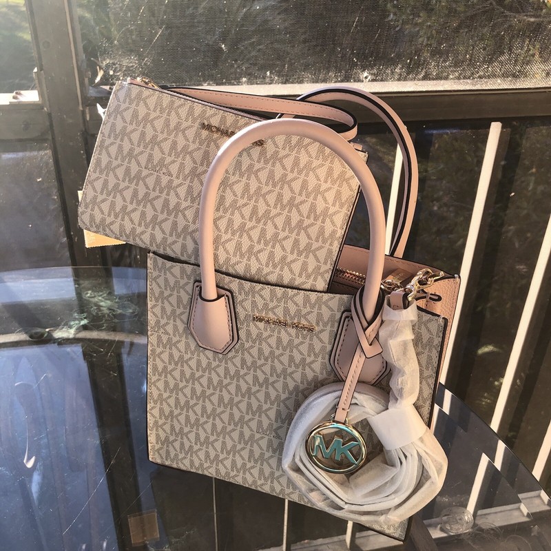 Michael Kors Lady Handbag Messenger Purse Crossbody Bag Set + Double Zip Wallet